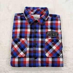 Aeropostale Men’s Red White Blue Plaid Aero Patch Button Up Shirt Size Large